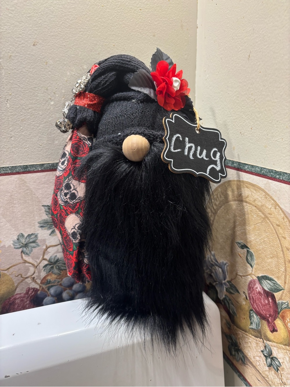 Black Bearded Gnome with Red Flower
